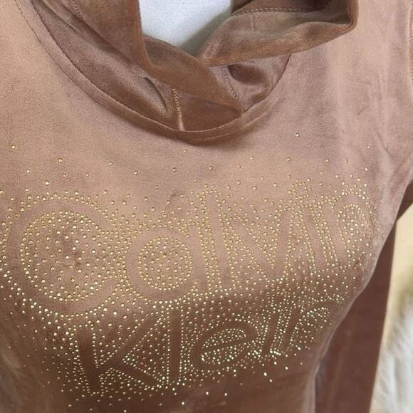$69 CALVIN KLEIN VELOUR HOODED DRESS GOLD STUDS PULLOVER WOMENS - Picture 2 of 5